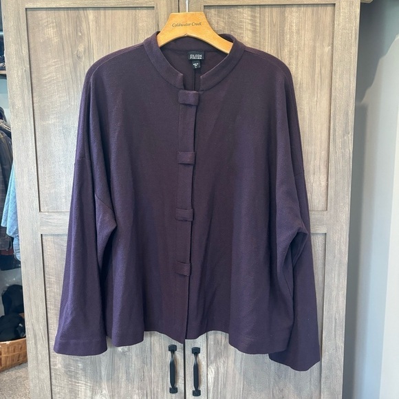Eileen Fisher Sweaters - Eileen Fisher Large Jacket Cardigan Plum Purple Mandarin Collar Button Front